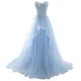 Ice Blue Lace Up Tulle Beaded Long Evening Prom Dresses