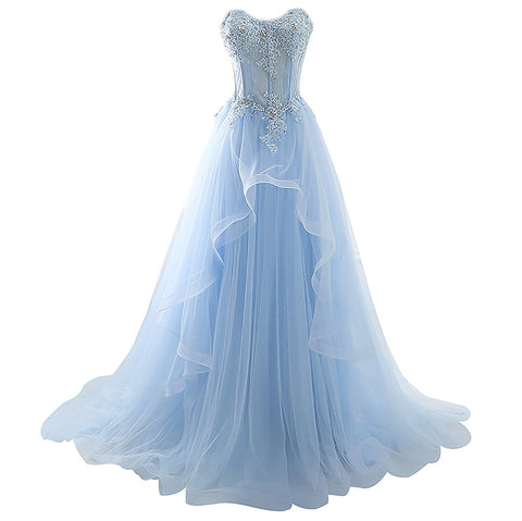 Ice Blue Lace Up Tulle Beaded Long Evening Prom Dresses