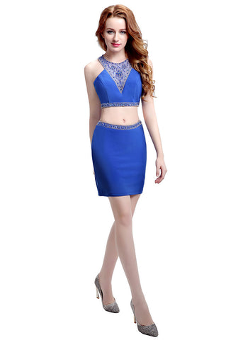 Sexy Lycra & Tulle Jewel Neckline Short-length Sheath Two-piece Cocktail Dresses With Beadings