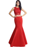 Graceful Satin & Lace Jewel Neckline Two-piece Mermaid Evening Dresses With Beadings