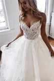 Lace Appliques Puffy Tulle Sexy Spaghetti Straps Wedding Dress