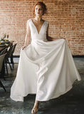 Backless Beach Satin Long Simple V-neck Wedding Dress