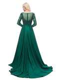 Satin Bateau Long Sleeve Green A-line Formal Dress