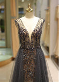 Tulle V-neck Gold Evening Dress With Beadings