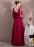 Lace Square Burgundy Evening Dress With Beadings & Belt