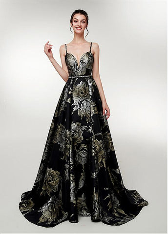 Spaghetti Straps Long Print Black A-line Prom Dress