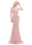 Pink Long Lace Jewel Mermaid Prom Evening Dress