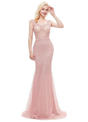 Pink Long Lace Jewel Mermaid Prom Evening Dress