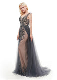 Rhinestones Gray Tulle V Neck Backless Prom Dress