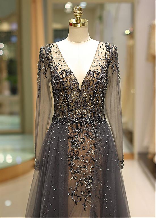 Gorgeous Deep V-Neck Sequins Evening Dress with Beads Tulle Long Sleeves main image 1