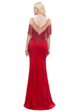 Satin Bateau Short Sleeve Red Beading Mermaid Evening Dress
