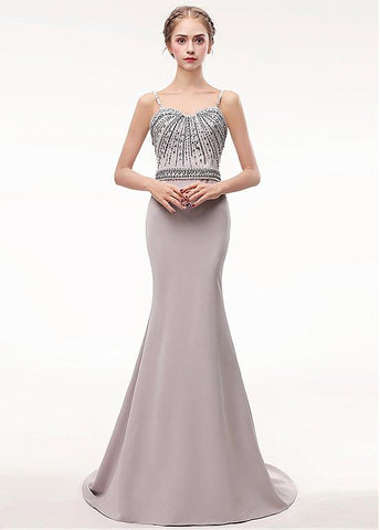 Bowknot Spaghetti Straps Long Champagne Mermaid Evening Dress