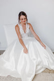 Satin Bridal Lace V Neck Wedding Dress with Pockets