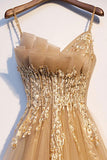 A Line Tulle Lace Champagne Sweetheart Long Prom Dress