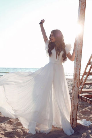 Short Sleeve Floor Length A-line Chiffon V-neck Sexy Tulle Cheap Wedding Dress