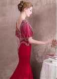 Satin V-neck Burgundy Mermaid Evening Dress With Beadings
