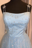 A-Line Light Sky Blue Spaghetti Straps Prom Dress with Appliques