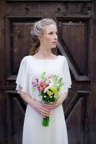 Square Neck Chiffon A Line Cap Sleeve Beach Wedding Dress