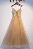A Line Tulle Lace Champagne Sweetheart Long Prom Dress