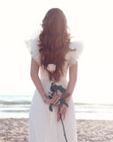 Short Sleeve Floor Length A-line Chiffon V-neck Sexy Tulle Cheap Wedding Dress