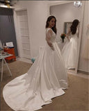 White Satin Lace O-Neck Button Back Sweep Train Long Sleeve Wedding Dress