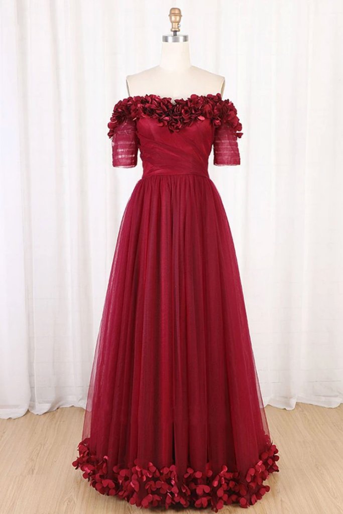 Off The Shoulder Flowers Burgundy Tulle Long Prom Dress US10 / Blue Off The Shoulder Flowers Burgundy Tulle Long Prom Dress US10 / Blue