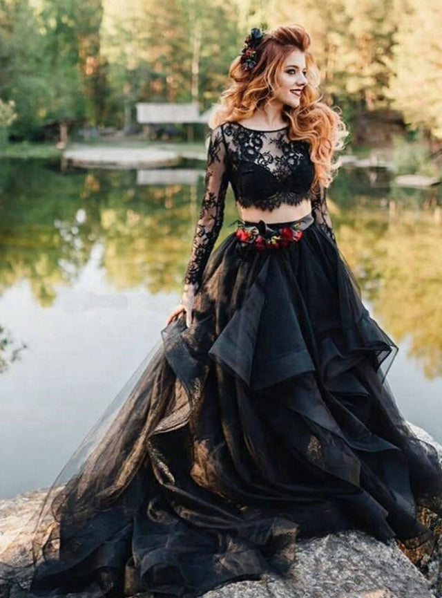 Gothic Black Wedding Dresses A-Line Jewel Neck Long Sleeves Tulle Lace with Train Bridal Gown Free Customization Gothic Black Wedding Dresses A-Line Jewel Neck Long Sleeves Tulle Lace with Train Bridal Gown Free Customization
