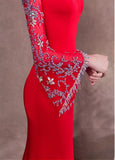 Satin V-neck Red Long Sleeve Mermaid Evening Dress