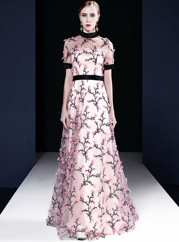 Pink Short Sleeves 3D Flowers A Line Round Neck Prom Dress