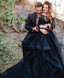 Long Sleeve A-Line Black Lace Two Piece Tulle Wedding Dress