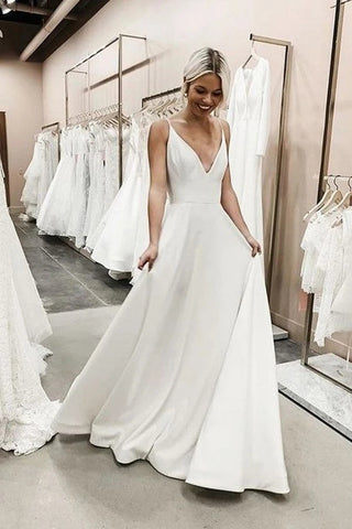 Spaghetti Strap Simple Satin A Line Sexy Wedding Dress
