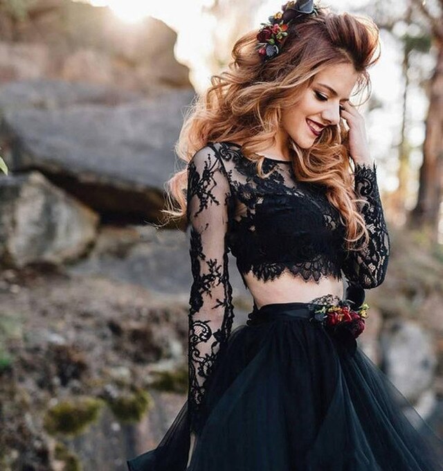 Long Sleeve A-Line Black Lace Two Piece Tulle Wedding Dress US8 / White Long Sleeve A-Line Black Lace Two Piece Tulle Wedding Dress US8 / White