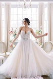 Belt Backless A Line Flower Beaded Tulle Wedding Dress