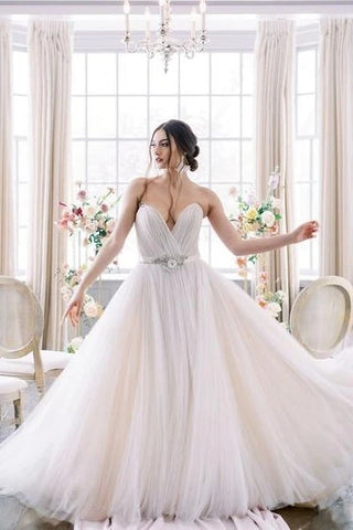 Belt Backless A Line Flower Beaded Tulle Wedding Dress