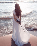 Short Sleeve Floor Length A-line Chiffon V-neck Sexy Tulle Cheap Wedding Dress