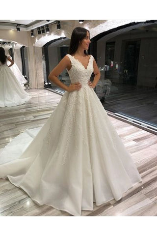 Romantic V Neck A Line Appliques Tulle Wedding Dress