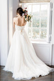 Belt Backless A Line Flower Beaded Tulle Wedding Dress