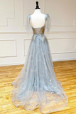 Beading Lace Up Sequin Gray V Neck Tulle Long Prom Dress
