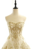 Appliques Lace Long Champagne A Line Prom Dress