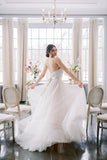 Belt Backless A Line Flower Beaded Tulle Wedding Dress