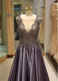 Satin Jewel Purple Evening Dress With Beadings