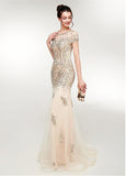 Tulle Scoop Champagne Short Sleeve Mermaid Prom Dress