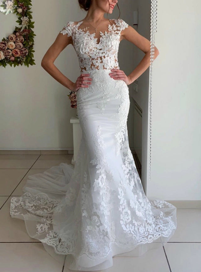 Cap Sleeve White Lace Appliques Mermaid Tulle Wedding Dress US2 / Ivory Cap Sleeve White Lace Appliques Mermaid Tulle Wedding Dress US2 / Ivory