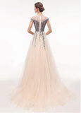 Tulle Jewel Champagne Appliques See Through Prom Dress With Beadings