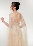 Scoop Tulle Champagne Long A-line Prom Dress