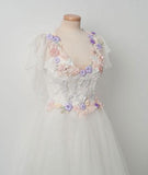 Tulle Lace Applique White Long Prom Dress
