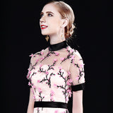 Pink Short Sleeves 3D Flowers A Line Round Neck Prom Dress