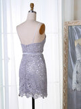 Lace Spaghetti Straps Short Grey Homecoming Dress with Sash