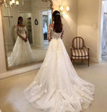 Tulle Long Sleeve Appliques A-Line White Wedding Dress
