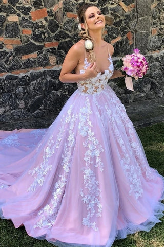 Backless Appliques Pink V Neck Tulle Sweep Train Wedding Dress